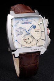 Tag Heuer Monaco Brushed Stainless Steel Case White Dial Brown Leather Strap